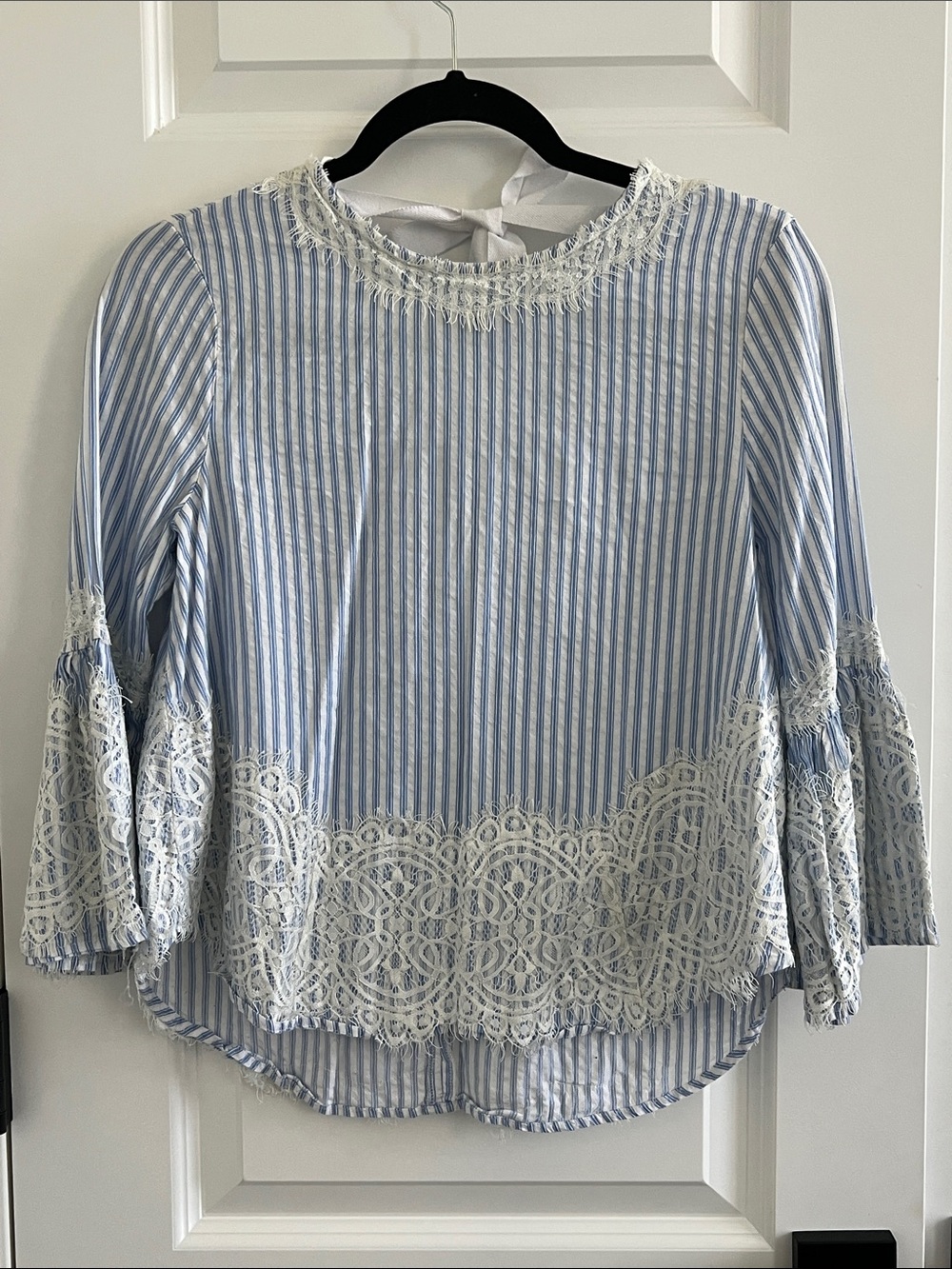 Zara Blue & White Striped Lace-Trim Blouse